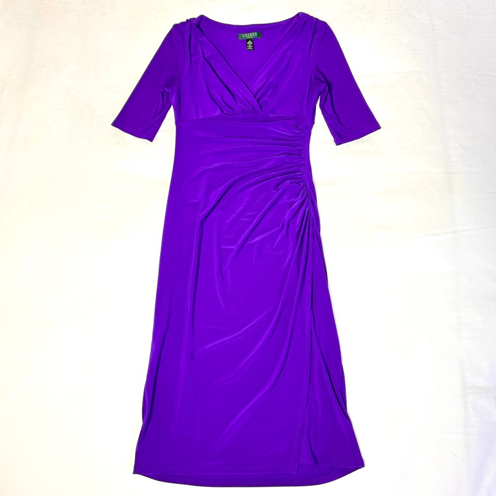 Lauren Ralph Lauren Dress Womens sz 2 Purple Faux Wrap 3/4 Long Sleeve V-Neck